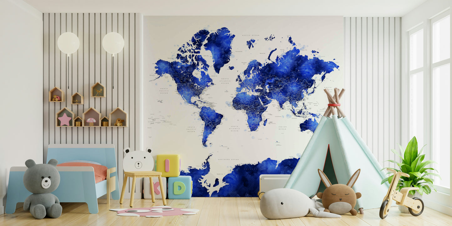 Indigo Watercolor World Map Wallpaper