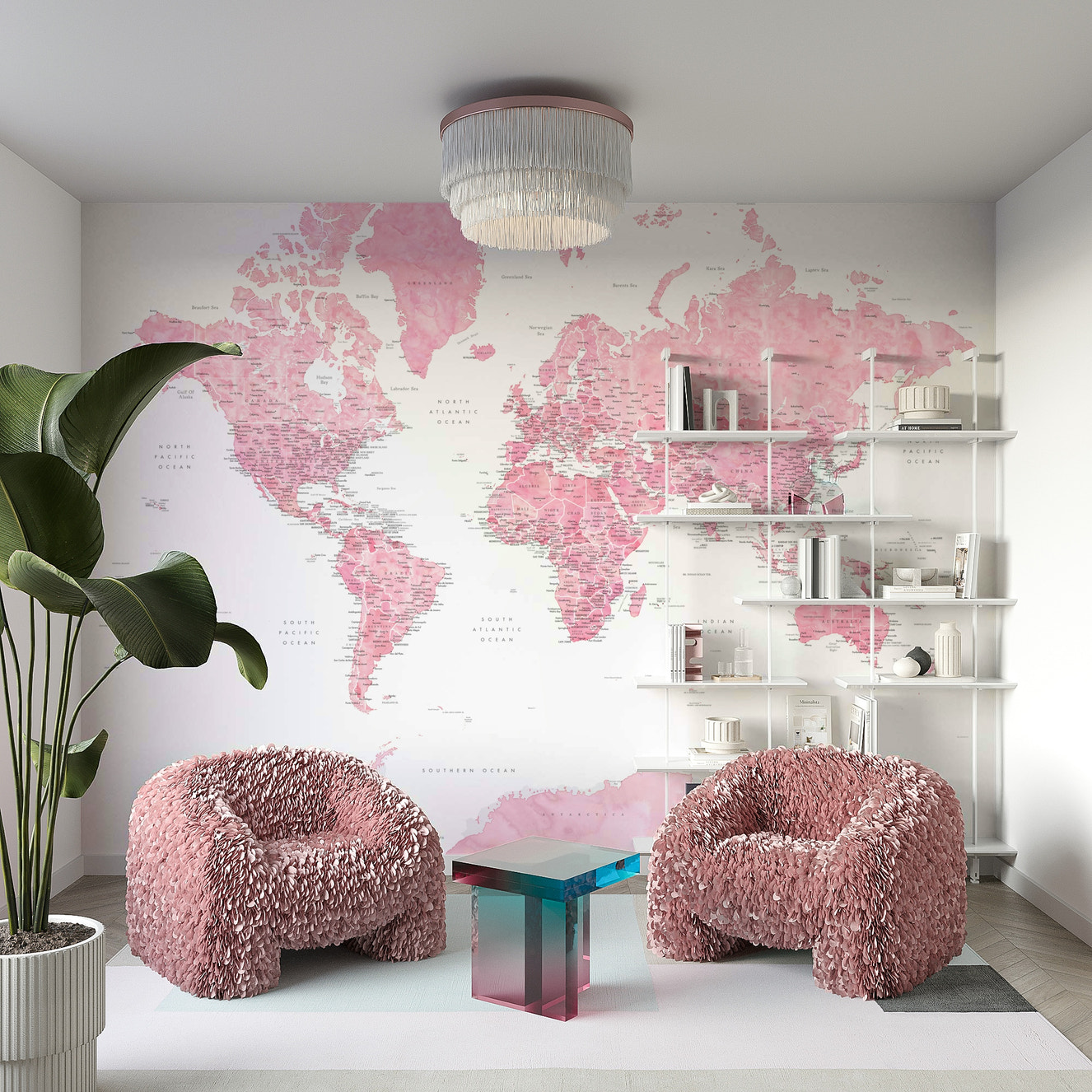 Pink watercolor world map wall art

