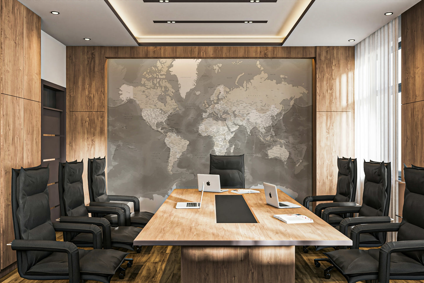 Warm brown watercolor map mural art

