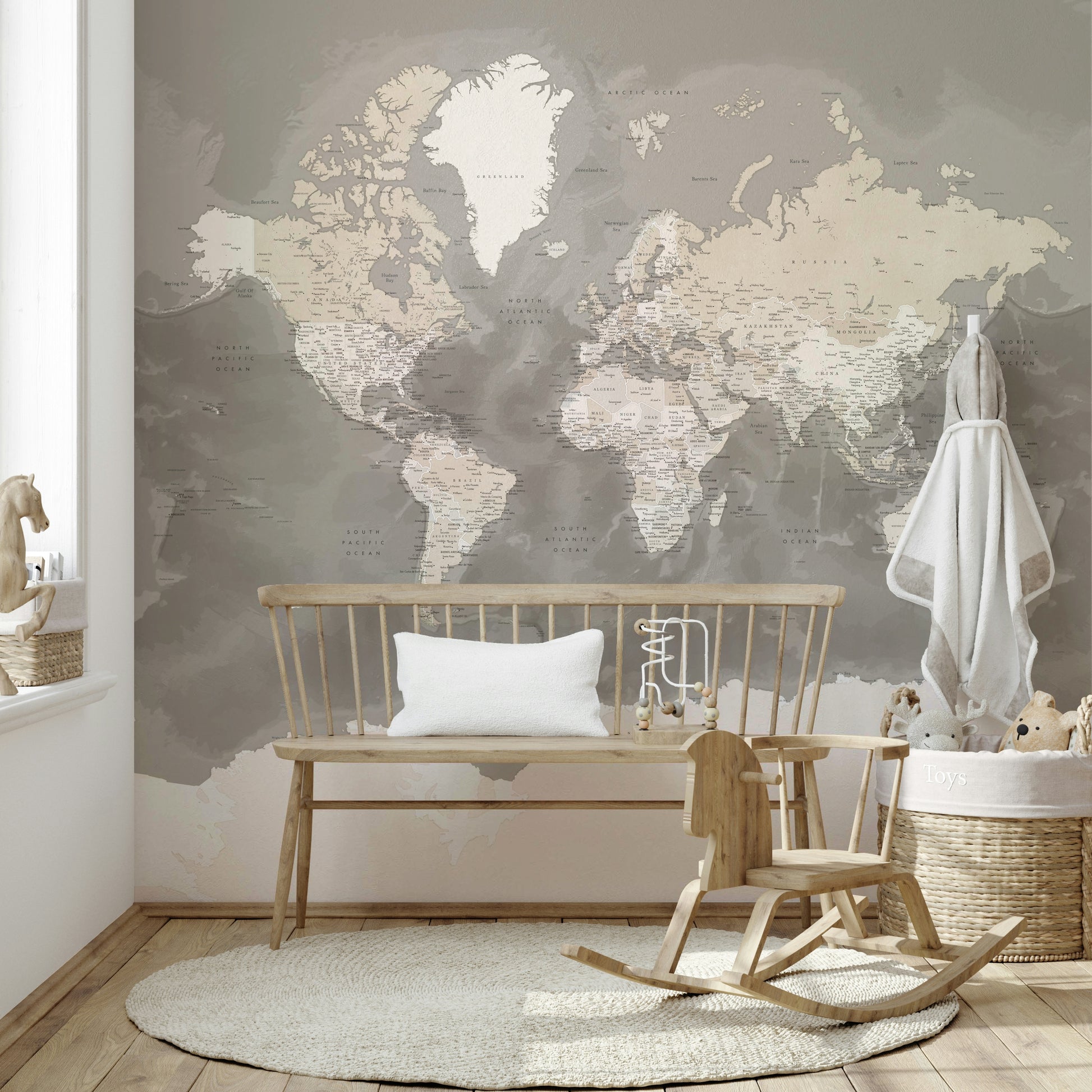Brown watercolor map wall mural design

