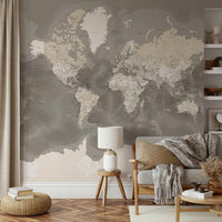 Neutral brown world map wallpaper art

