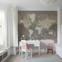 Brown watercolor world map wall decor

