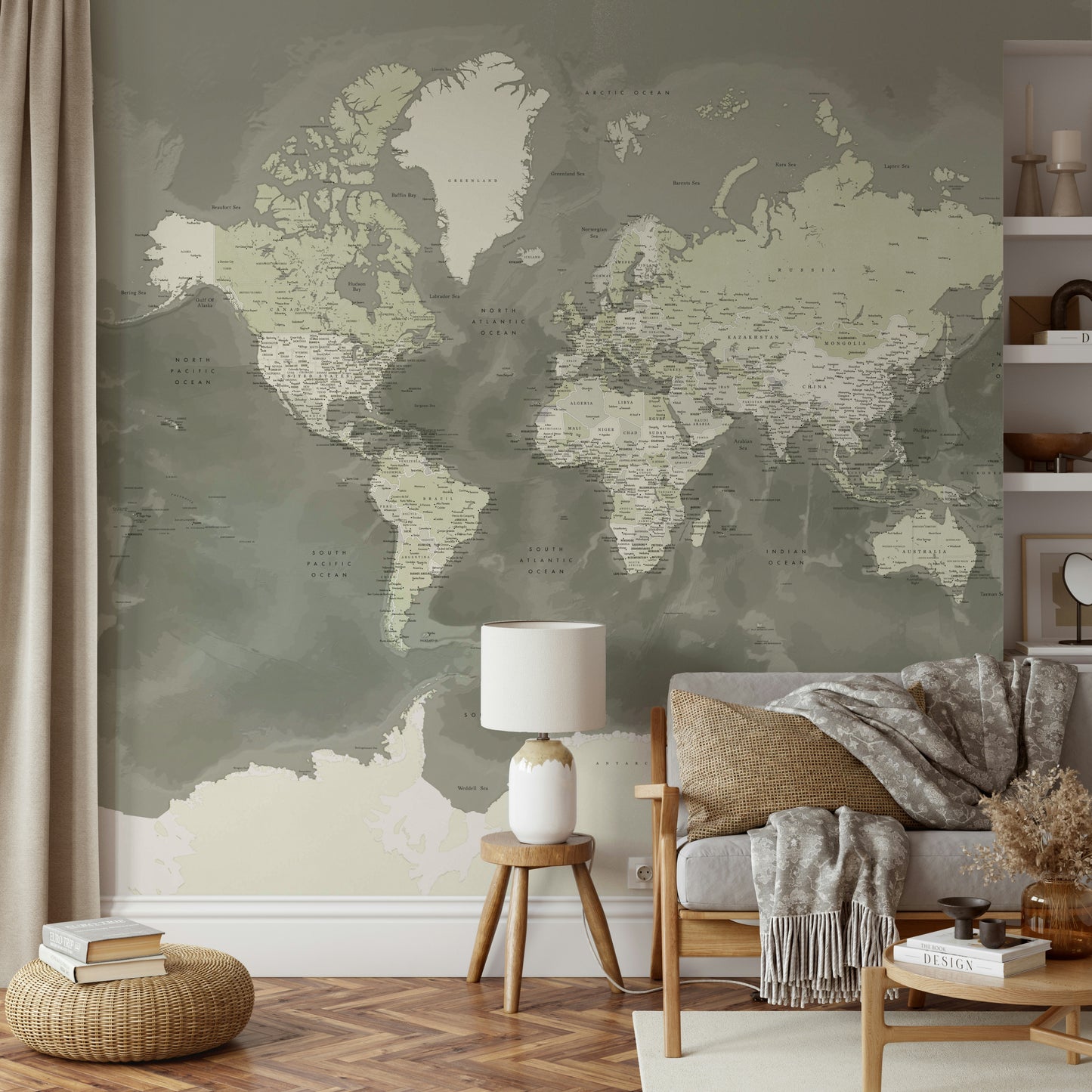 Soft green world map watercolor design

