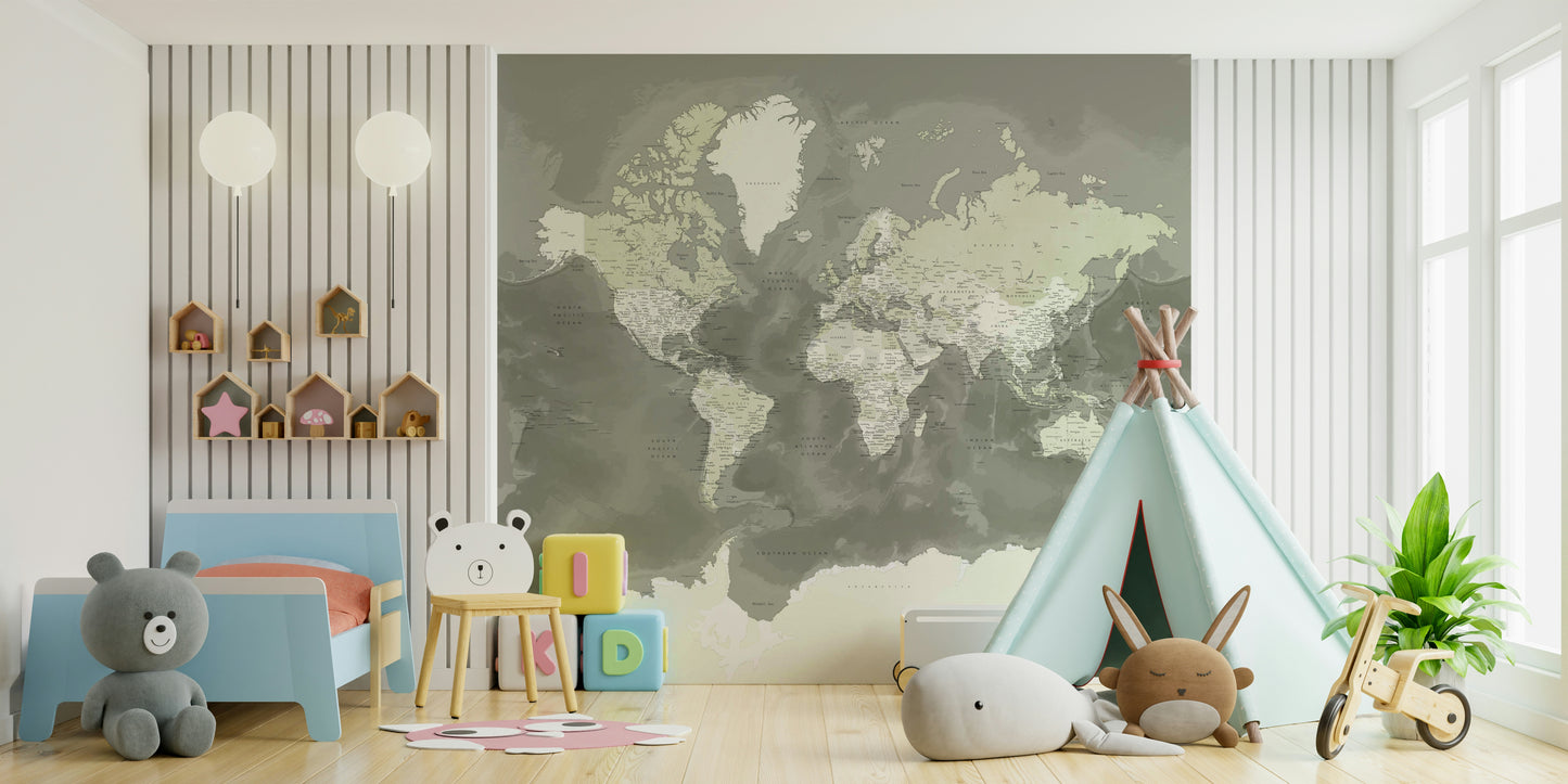 Calm green watercolor world map decor

