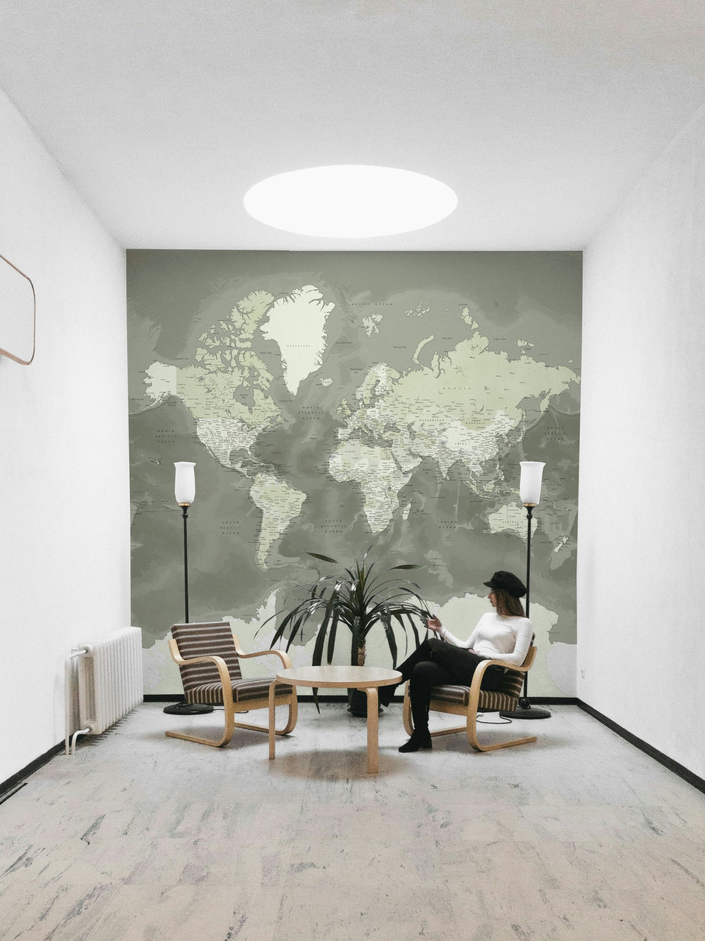 Earthy green world map wall mural art

