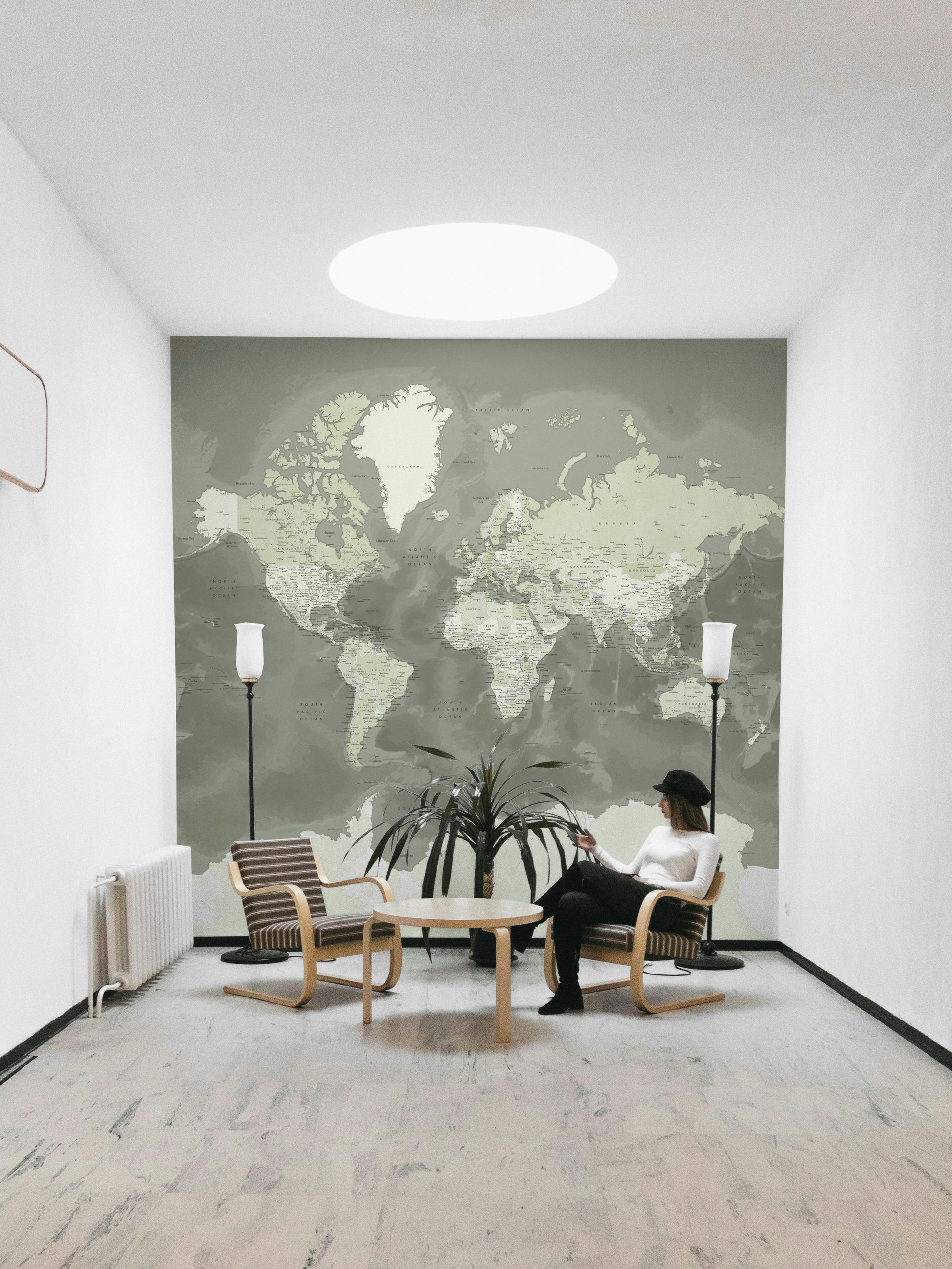 Earthy green world map wall mural art

