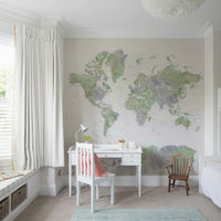 Sage green watercolor world map wallpaper

