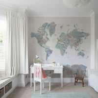 Dusty blue artistic world map mural

