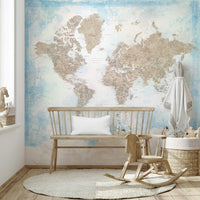 Sky blue and beige world map mural

