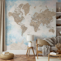 Beige sky blue world map wall art

