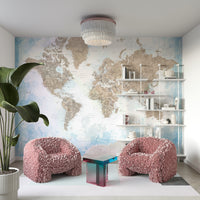 Watercolor beige blue world map decor

