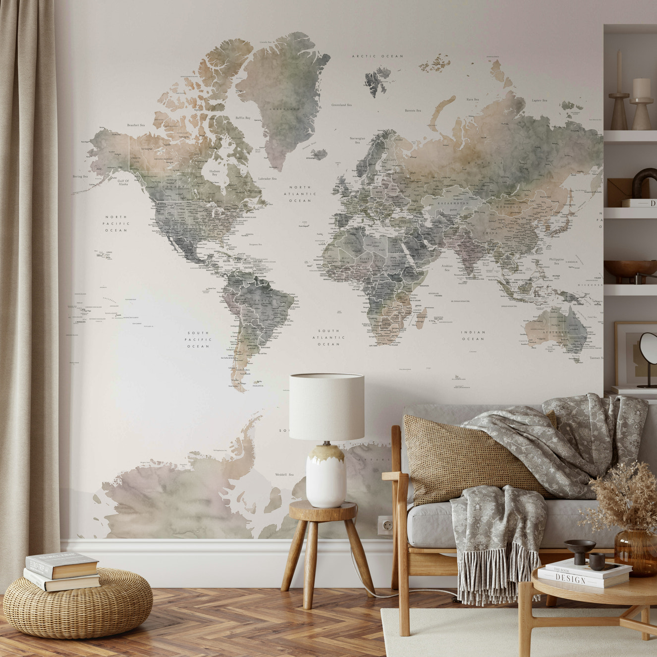 Earth tones watercolor world map wallpaper

