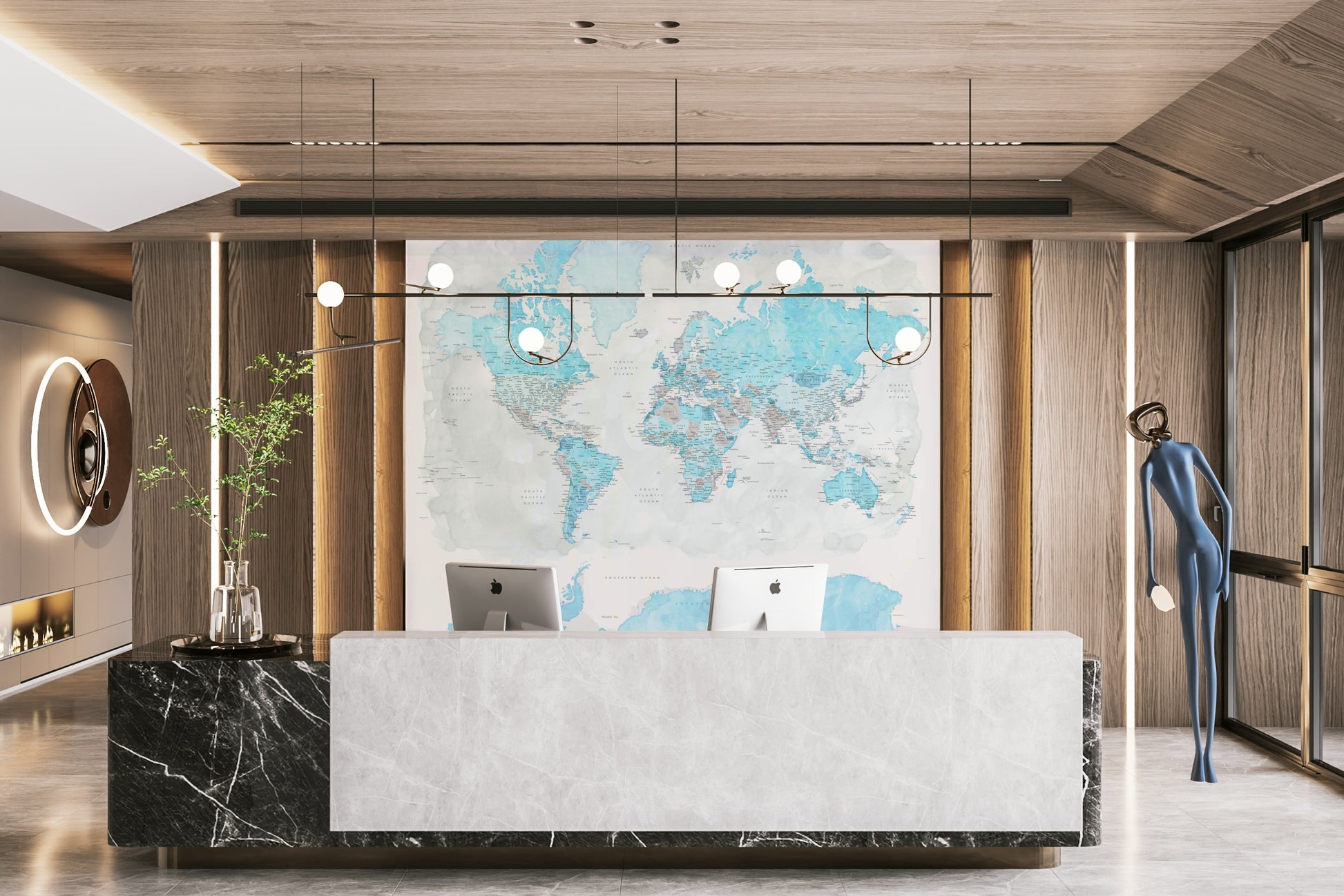 Watercolor light blue world map decor

