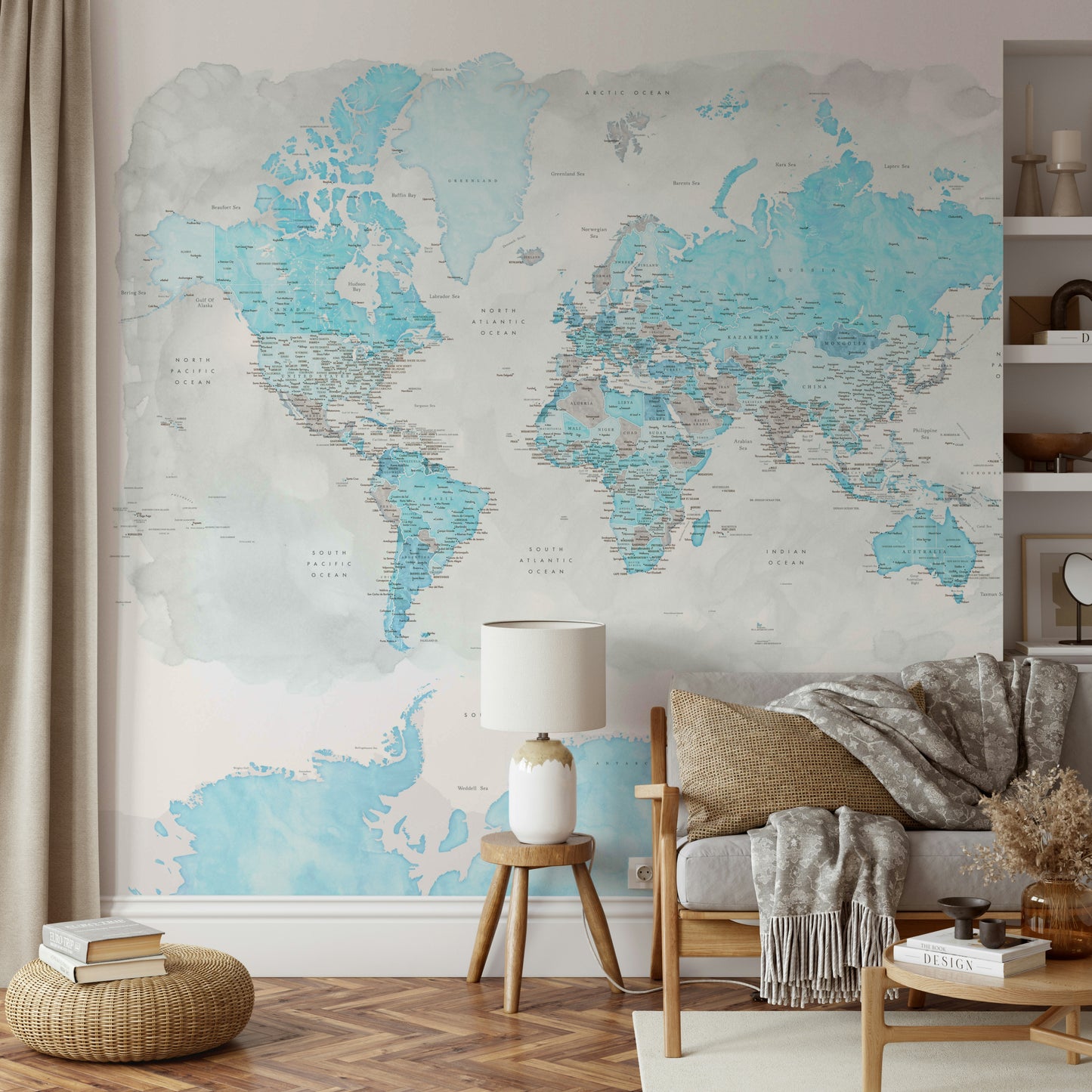 Blue watercolor world map wallpaper

