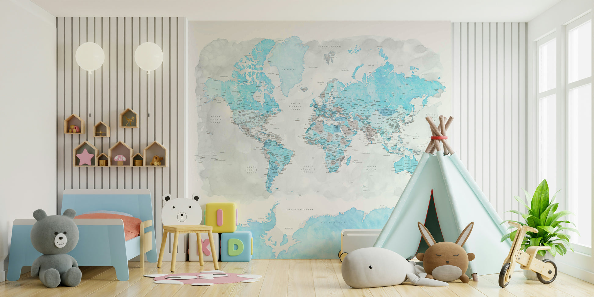 Light blue world map watercolor design

