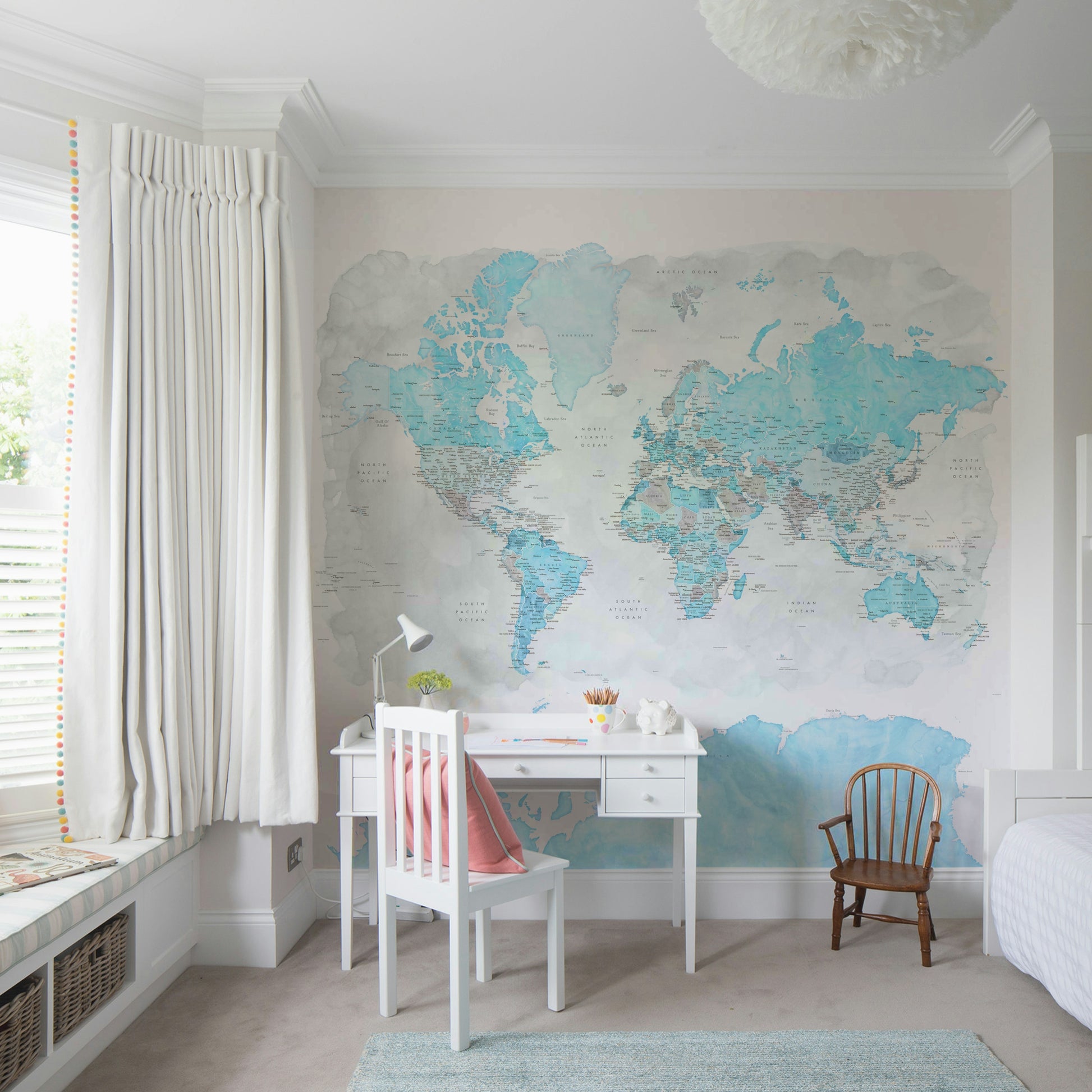 Light blue artistic world map mural

