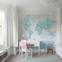 Light blue artistic world map mural

