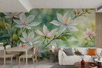 Whimsical white flower print wallpaper for bedroom walls

