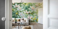 Stylish wallpaper with white floral motif for home interiors

