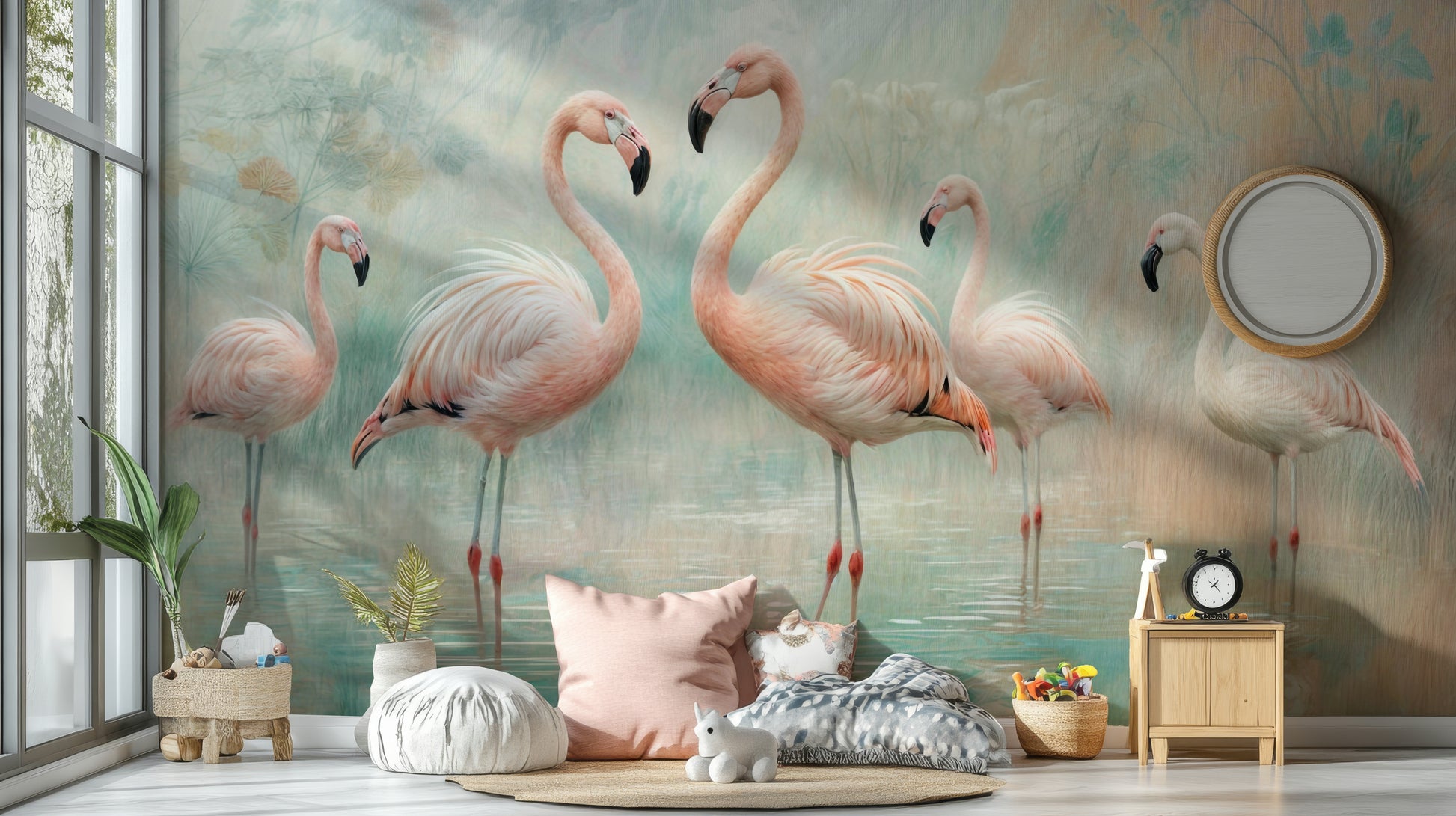 Flamingos in soft scenic background

