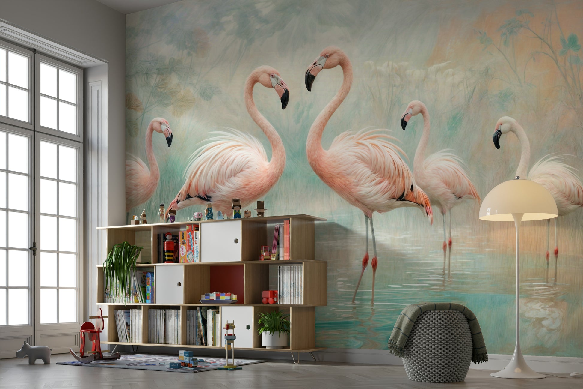 Pink flamingos wading in lagoon scene