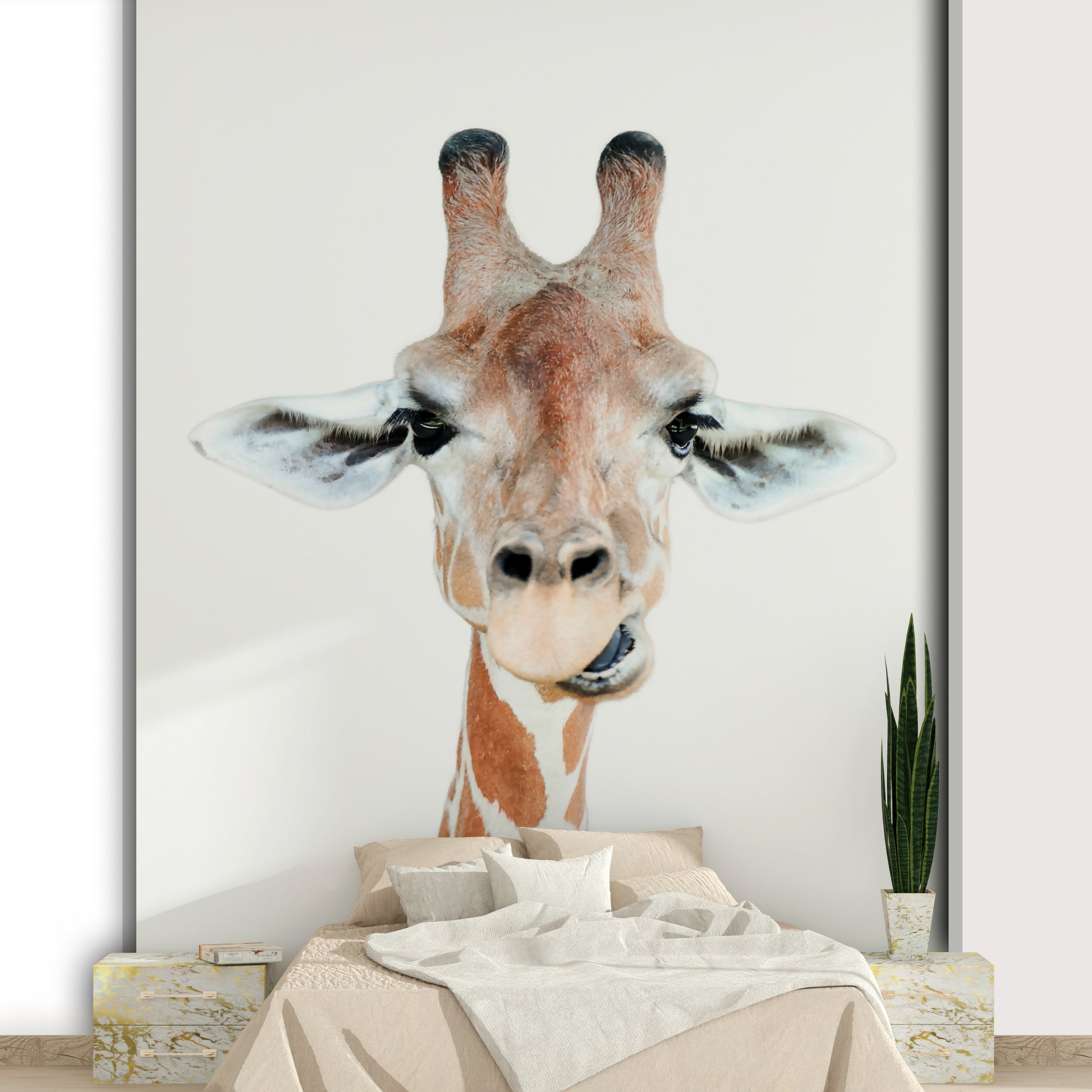 Giraffe looking happy with tongue out

