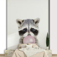 Cute raccoon blowing pink bubble gum