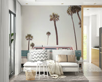 Pastel pink van with sunny sky

