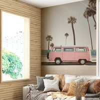 Retro travel van with palm trees

