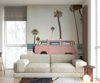 Coastal road trip pink van shot

