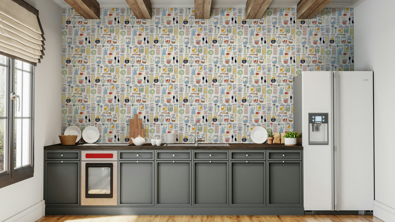 Kitchen jars and veggies wallpaper

