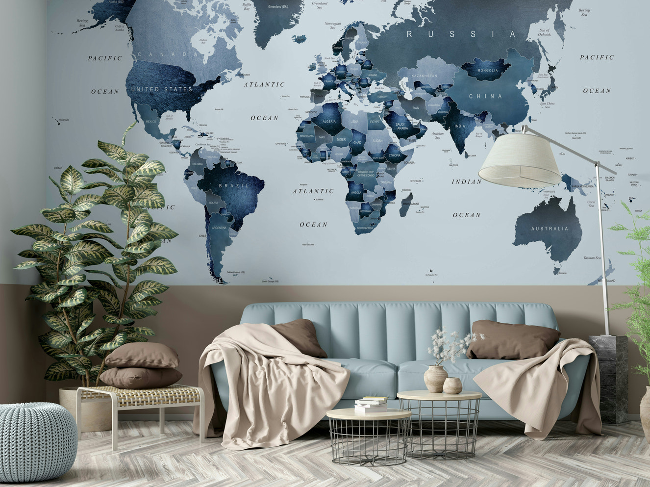 Blue toned world map wall mural

