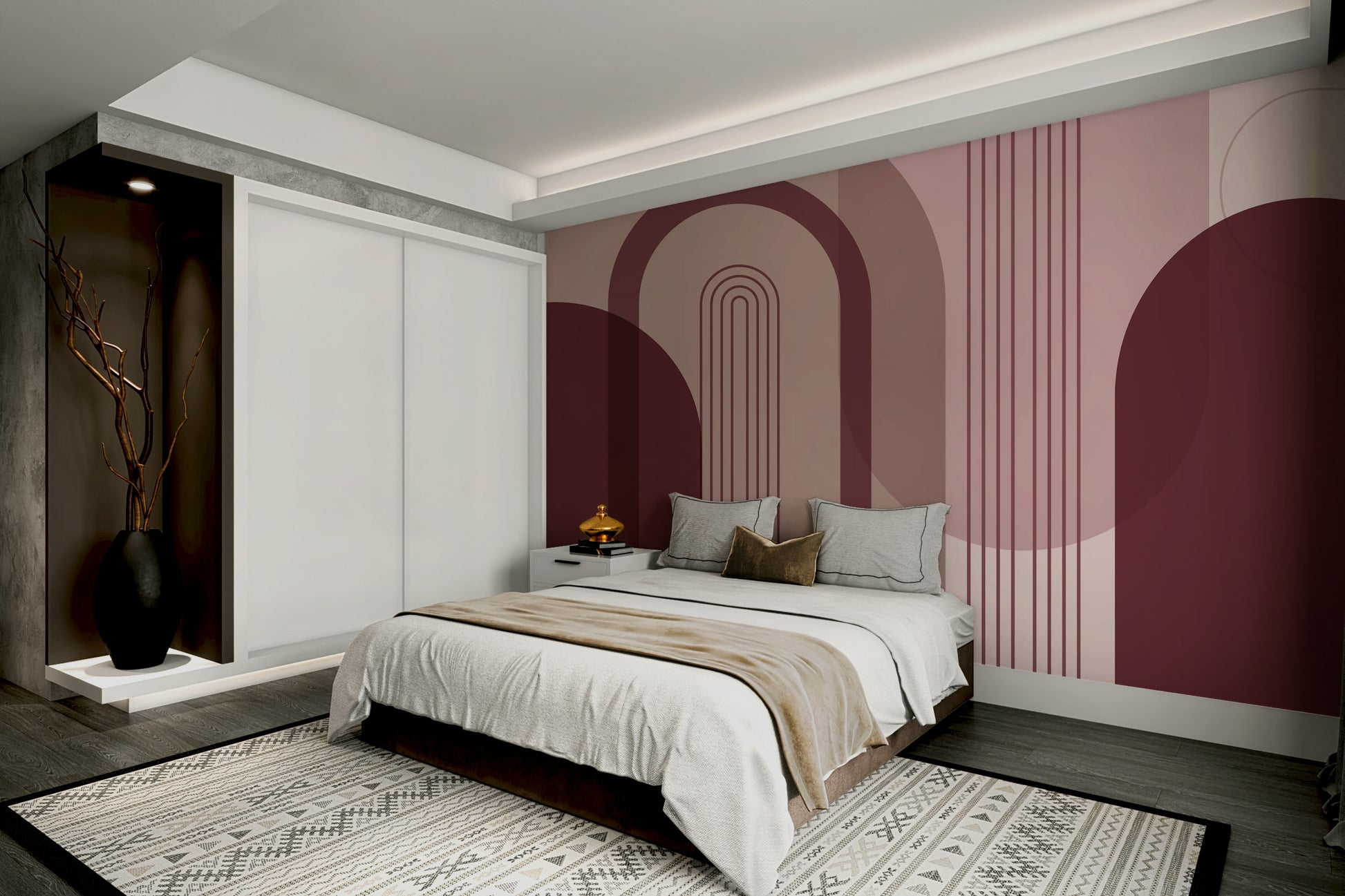 Rose-toned abstract arch mural

