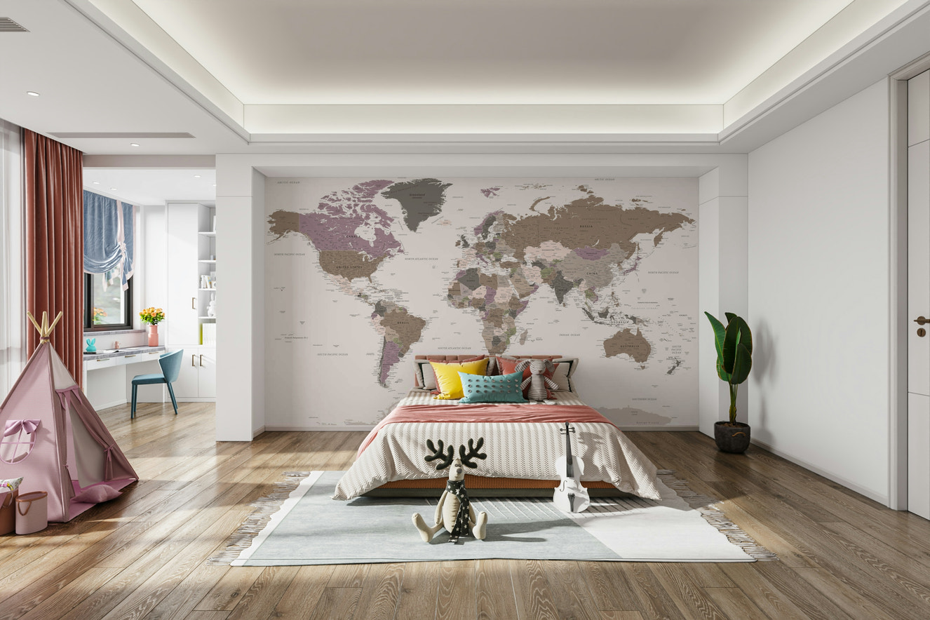 World map mural in warm neutral tones

