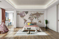 World map mural in warm neutral tones

