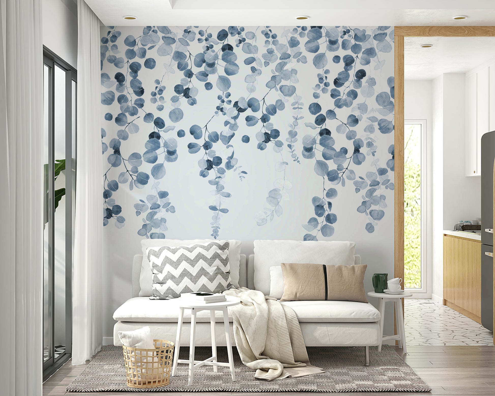 Calming blue eucalyptus wall design

