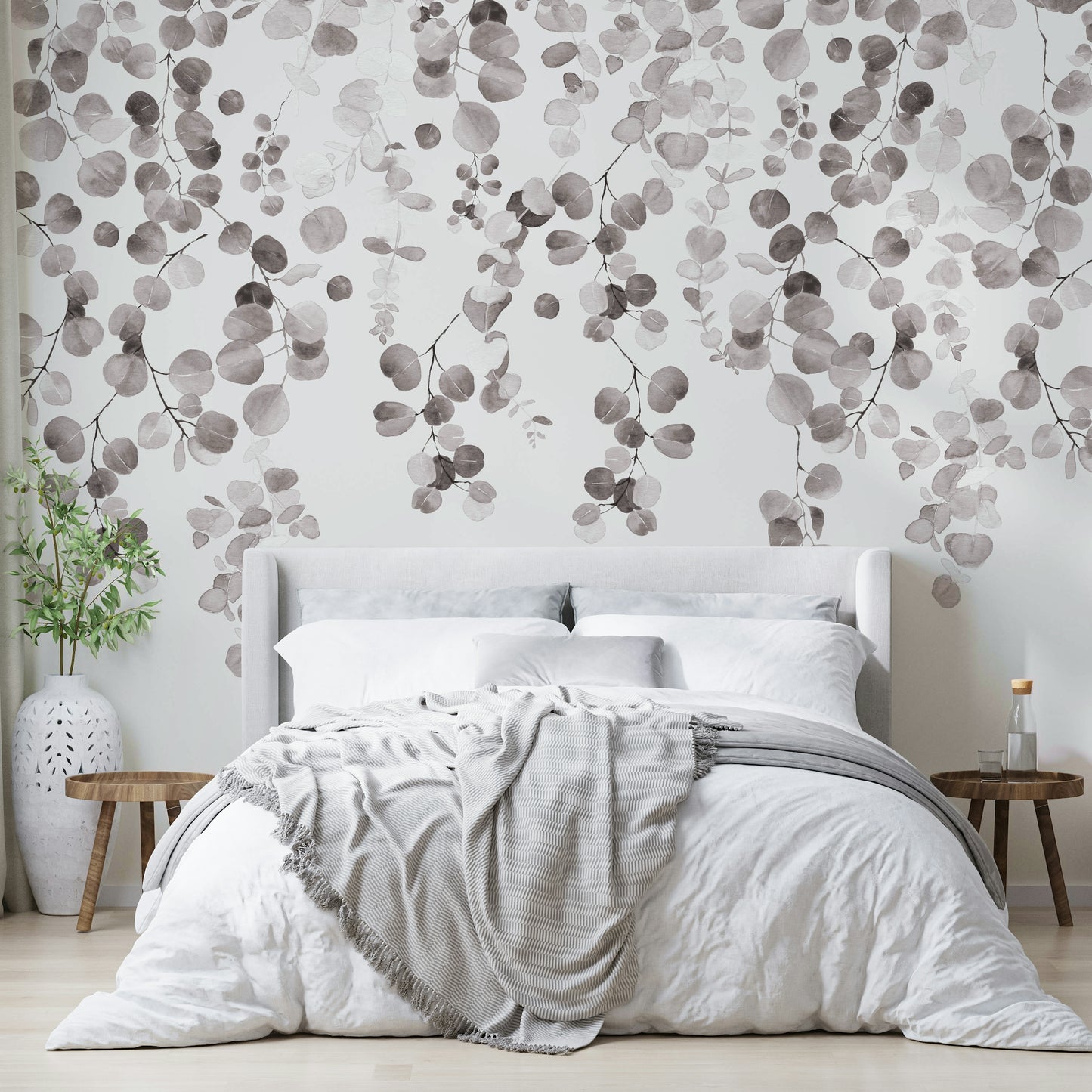 Soft beige eucalyptus wall design

