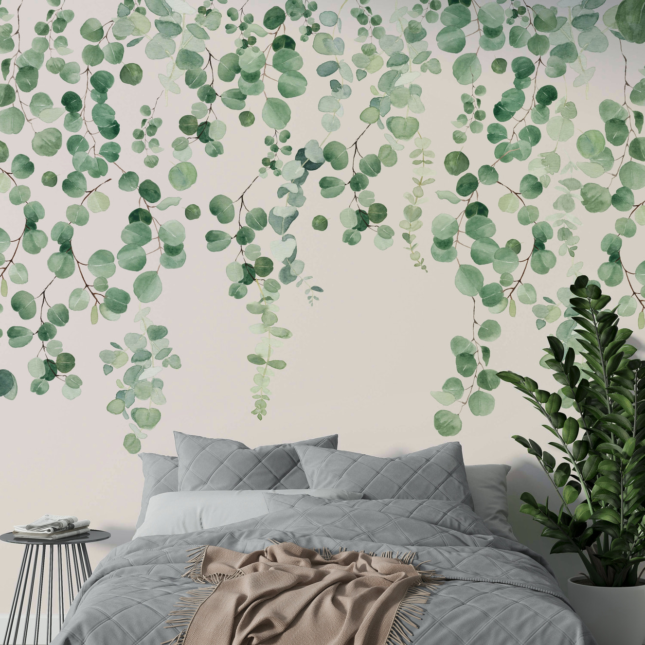 Eucalyptus mural pink green leaves

