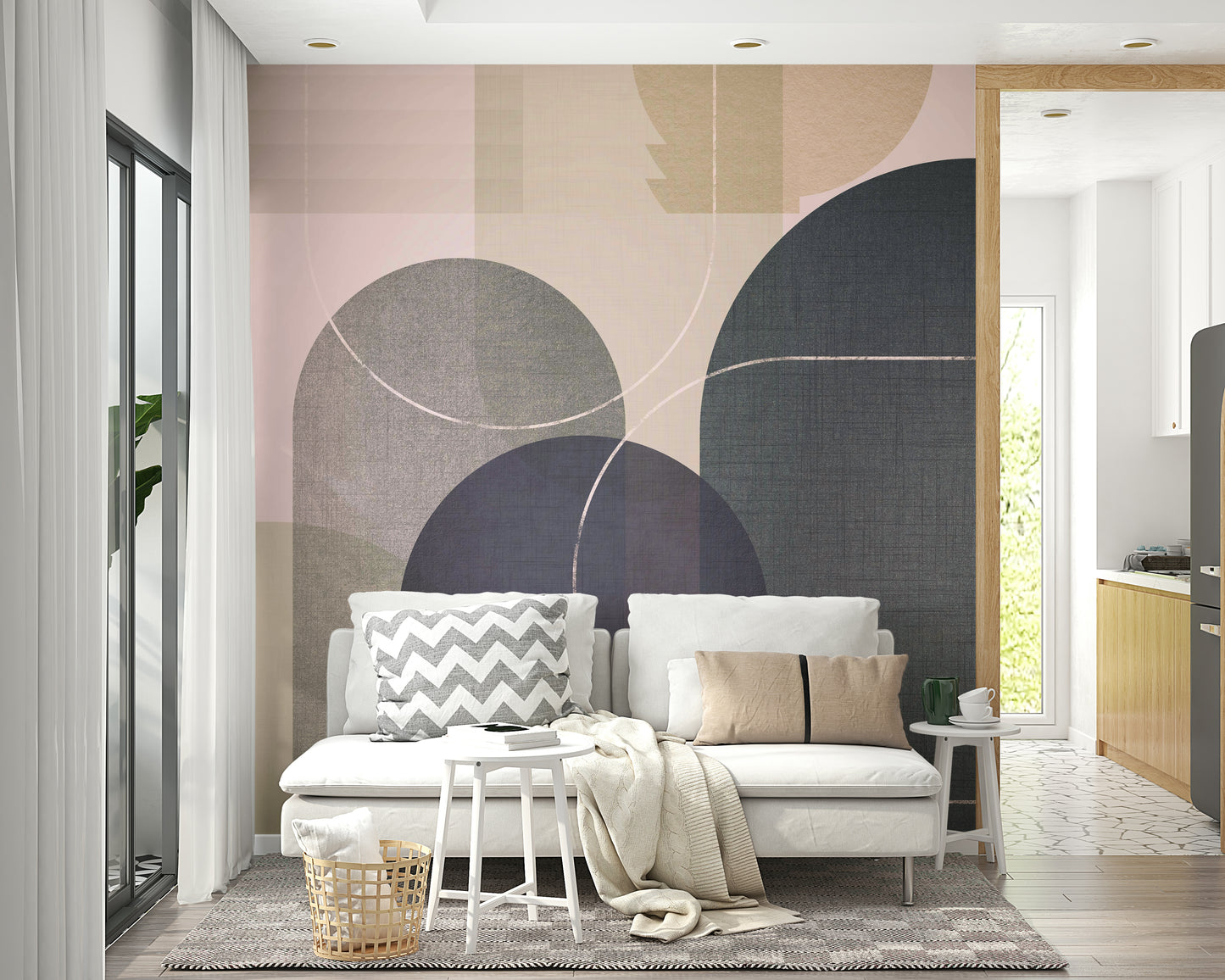 Modern Mid Century Linen 3 wall mural on living room wall

