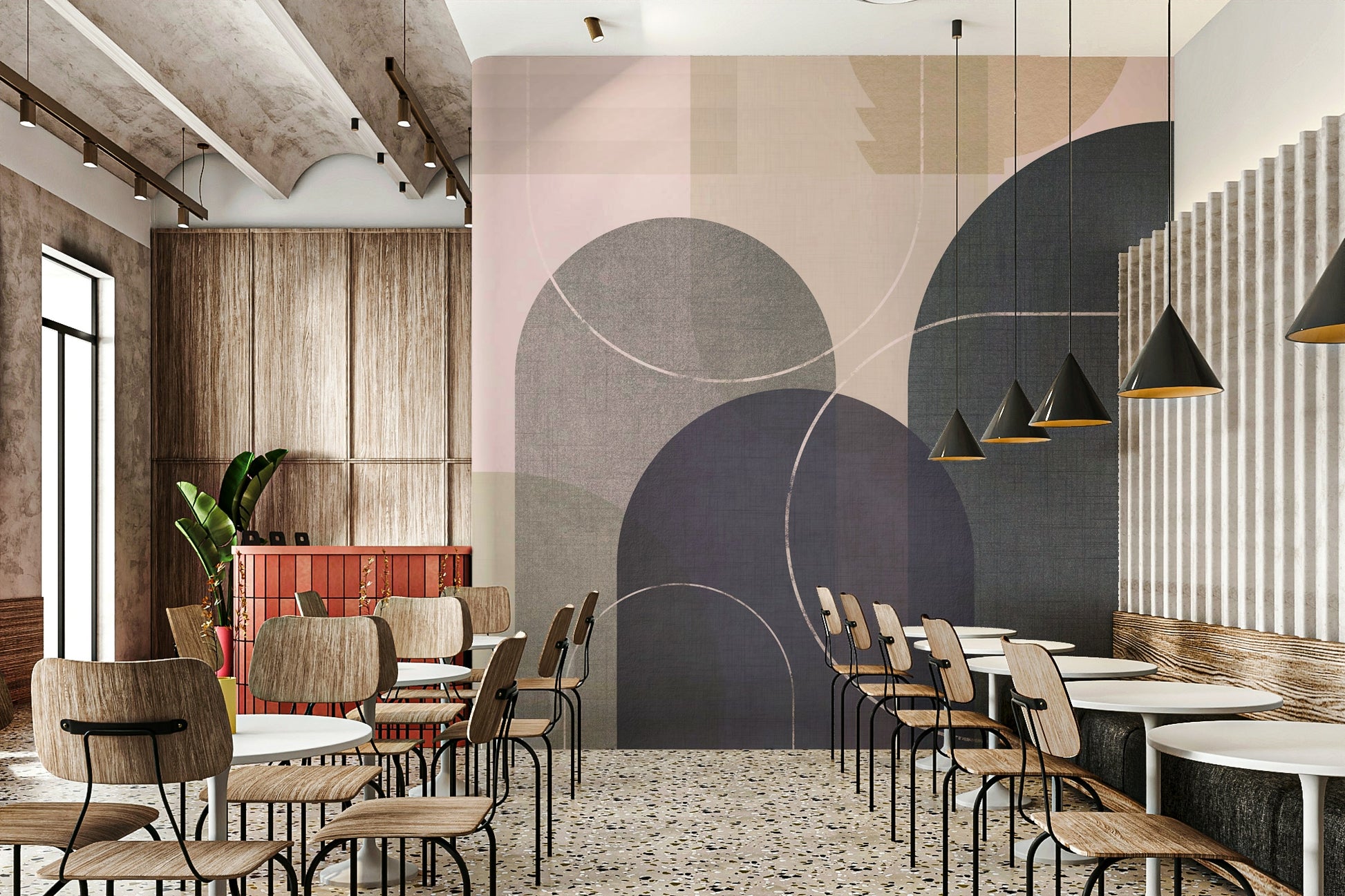 Wall mural featuring linen texture and shapes

