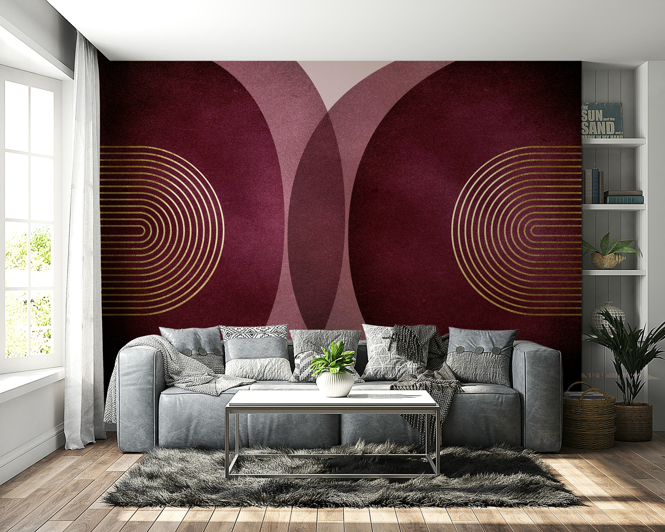 Modern mid-century burgundy wall mural design

