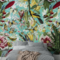 Nature wall mural with birds and blossoms

