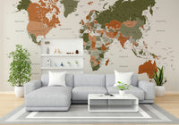 Olive green world map mural for walls

