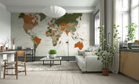 Elegant olive green world map mural
