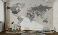 World map mural in grey tones for walls

