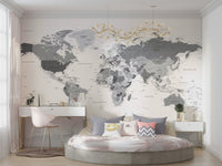 Stylish grey world map wall mural design