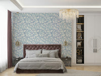 Subtle blue leaf pattern on wallpaper

