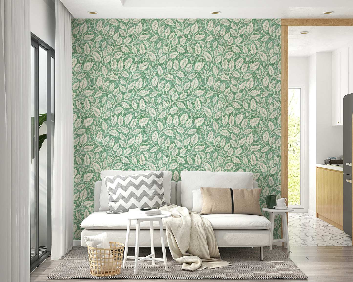 Botanical leafy branches on green wallpaper

