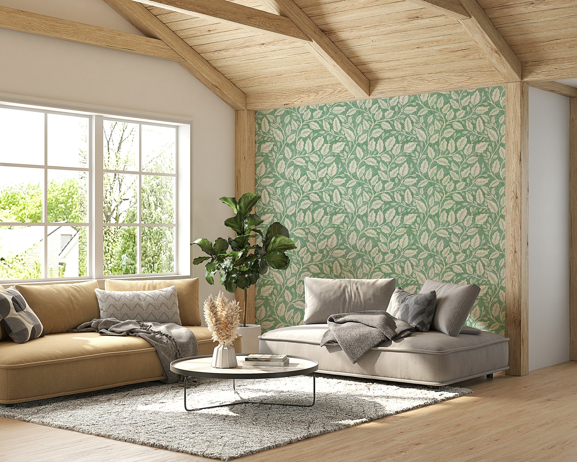 Subtle green wallpaper with leaf motifs

