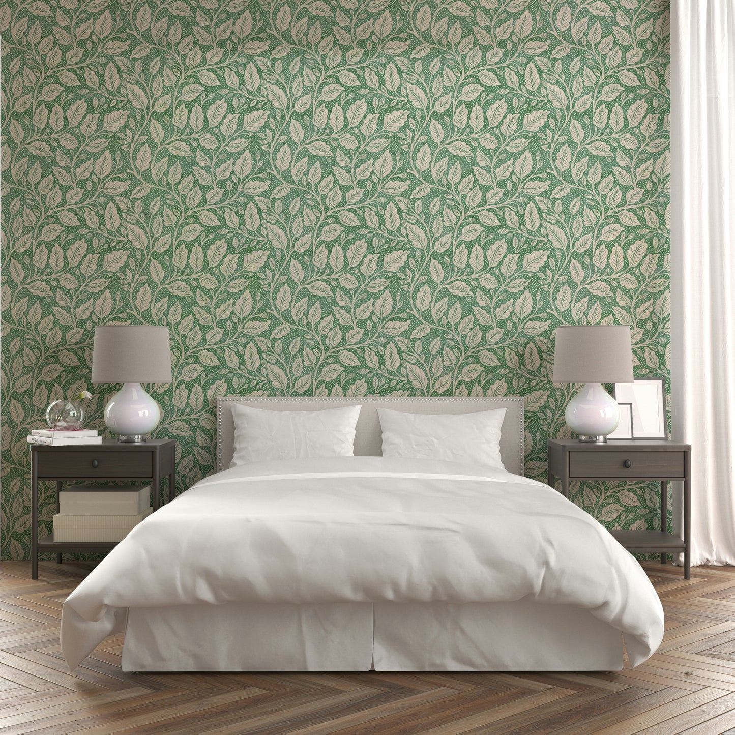 Green wallpaper featuring intricate leaf branches

